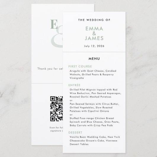 Sage Ampersand Hochzeit | QR-Code | Elegant Menükarte (Vorne/Hinten)