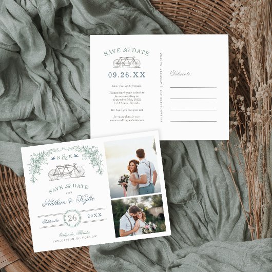 Sage and Blue Bicycle 2 Foto Save the Date Ankündigungspostkarte