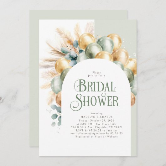 Sage and Gold Boho Arch Elegantes Brautparty Einladung (Vorne/Hinten)