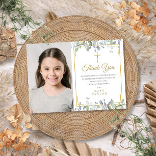 Sage and Lilac Floral First Heilige Kommunion Foto Dankeskarte