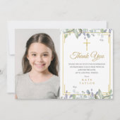 Sage and Lilac Floral First Heilige Kommunion Foto Dankeskarte (Vorderseite)