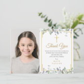 Sage and Lilac Floral First Heilige Kommunion Foto Dankeskarte (Stehend Vorderseite)