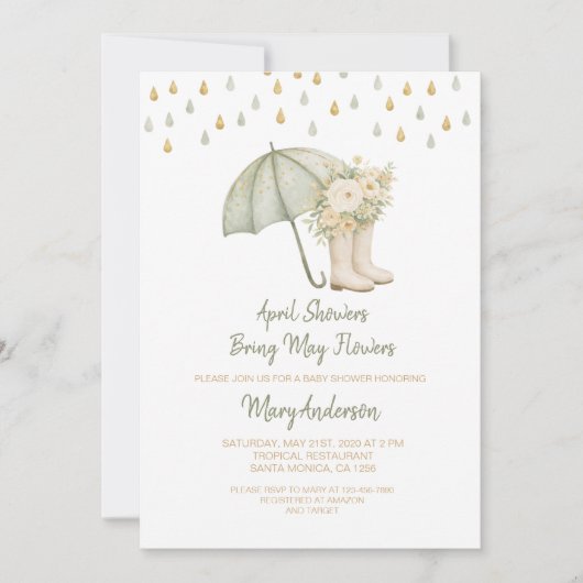 Sage April Showers Bring May Flowers Baby Shower Einladung (Vorderseite)