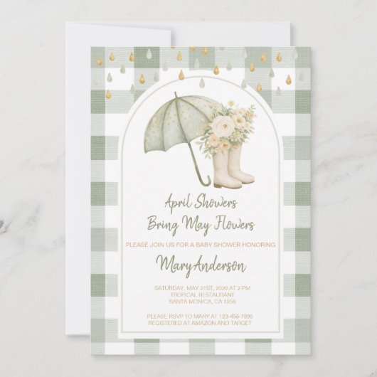 Sage April Showers Green Gingham Baby Shower  Einladung (Vorderseite)