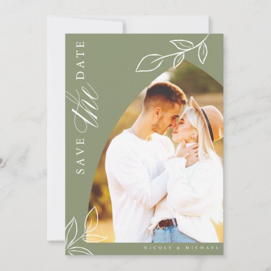 Sage Arch Boho Minimal Leaf Foto Save The Date (Vorderseite)