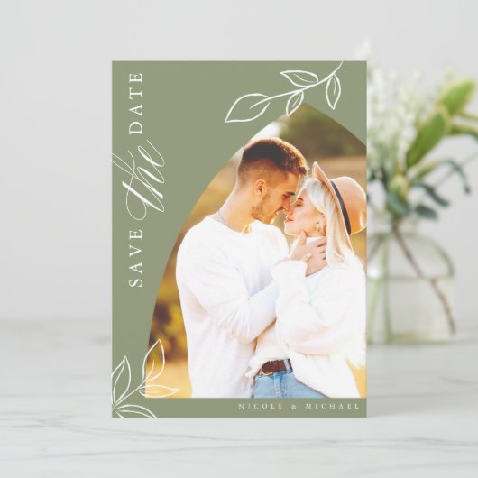 Sage Arch Boho Minimal Leaf Foto Save The Date (Stehend Vorderseite)