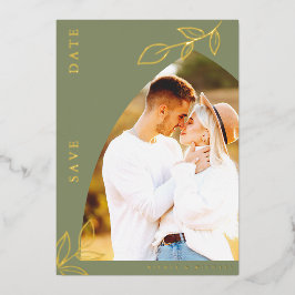 Sage Arch Gold Foil Leaf Save the Date Karte