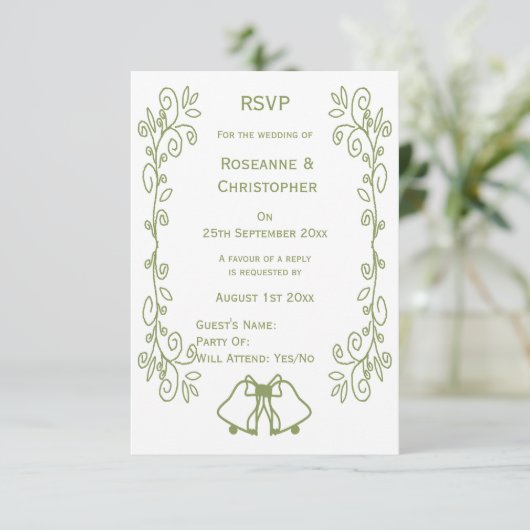 Sage Bells Scrollwork Design Wedding RSVP Karte (Stehend Vorderseite)