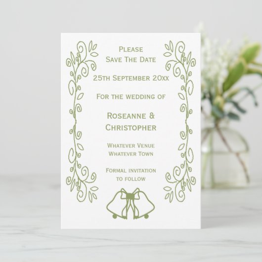Sage Bells Scrollwork Design Wedding Save The Date (Stehend Vorderseite)