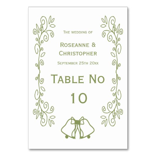 Sage Bells Scrollwork Design Wedding Tischnummer (Vorderseite)
