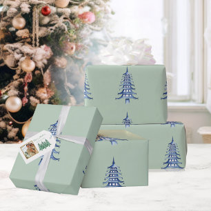Sage Blue Pagoda Weihnachtsbaum Muster Wrapping Geschenkpapier