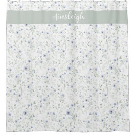 Sage Blue Watercolor Wildflower Monogram Name Duschvorhang