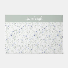 Sage Blue Watercolor Wildflower Monogram Name Fußmatte