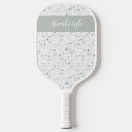 Sage Blue Watercolor Wildflower Monogram Name Pickleball Schläger
