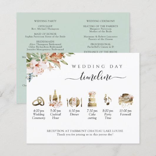 Sage Blush Floral Wedding Timeline und Programm (Vorne/Hinten)