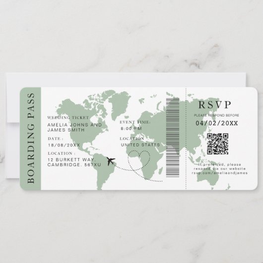 Sage Boarding Pass Hochzeit in Urlaubsort QR-Code Einladung (Vorderseite)
