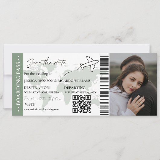 Sage Boarding Pass Hochzeit speichern Sie das Datu Einladung (Vorderseite)