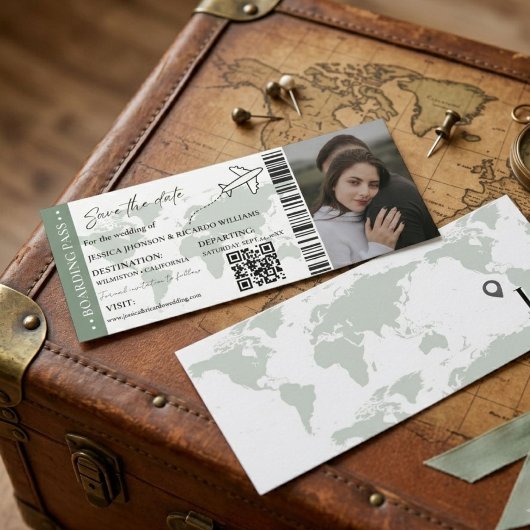 Sage Boarding Pass Hochzeit speichern Sie das Datu Einladung