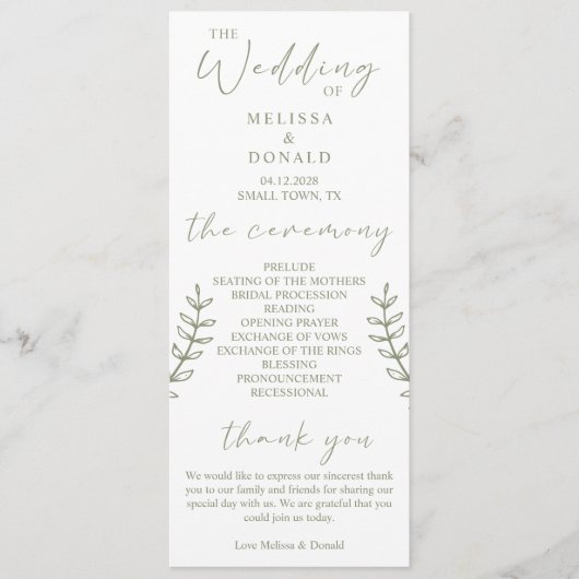 Sage Boho Blume Simple Wedding Programm (Vorderseite)
