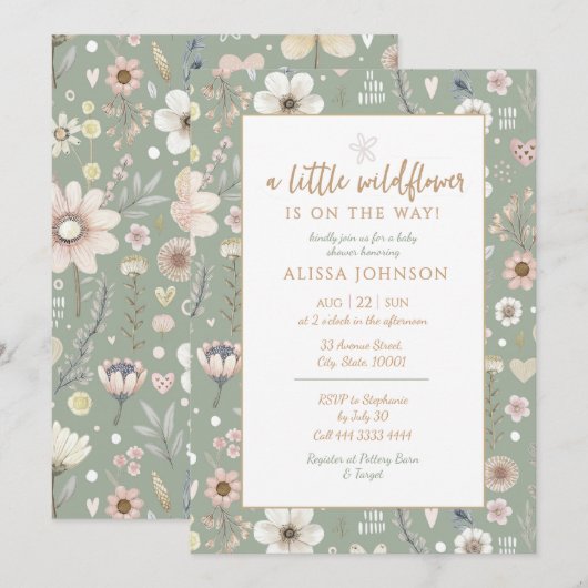Sage Boho Wildblume Babydusche Einladung (Vorne/Hinten)