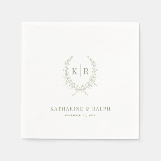 Sage Botaniacal & Ribbon Wappen Monogram Wedding Serviette (Vorderseite)