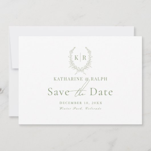 Sage Botaniacal Wappen Monogramm Save the Date Einladung (Vorderseite)