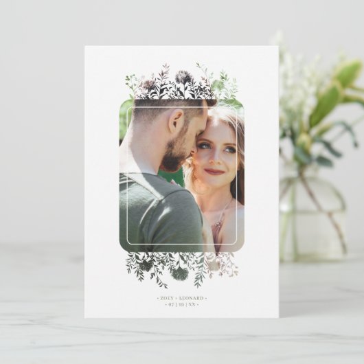 Sage Botanical Elegant Wildflowers Photo Wedding Einladung (Stehend Vorderseite)