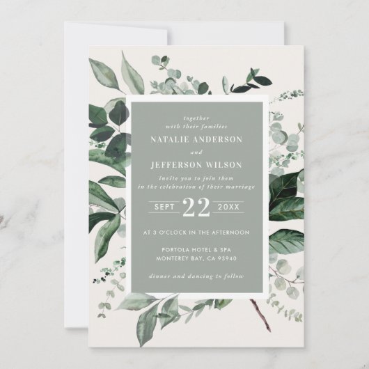 Sage botanische florale elegante Hochzeitsdetails  Einladung (Vorderseite)