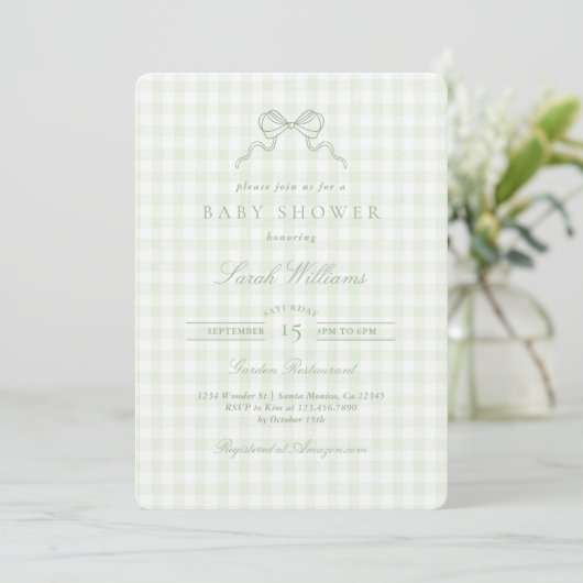 Sage Bow Baby Shower invitation Einladung (Stehend Vorderseite)