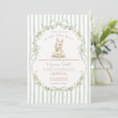 Sage Bow Stripe Green Bunny Baby Shower Invitation Einladung (Stehend Vorderseite)
