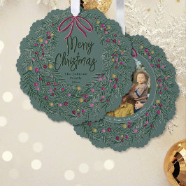 Sage Burgundy Merry Christmas Ornament with Photo Karte