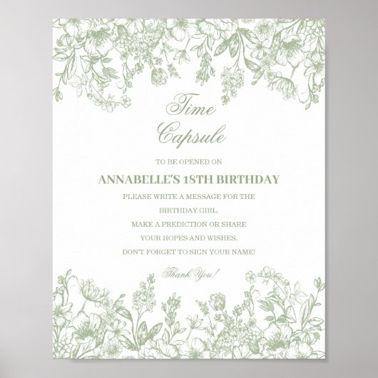 Sage Chinoiserie Floral Time Capsule Baby Birthday Poster (Vorne)