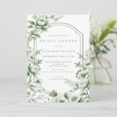 Sage Chinoiserie Toile Floral Bridal Shower Einladung (Stehend Vorderseite)