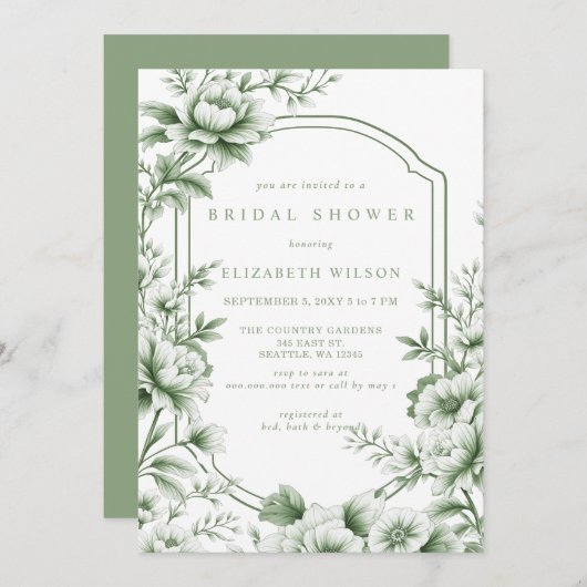 Sage Chinoiserie Toile Floral Bridal Shower Einladung (Vorne/Hinten)