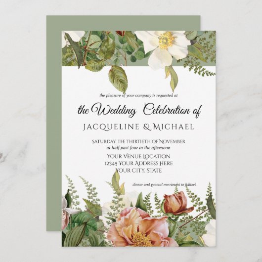 Sage Corn Blush Floral Ivory Peony Rose Hochzeit Einladung (Vorne/Hinten)