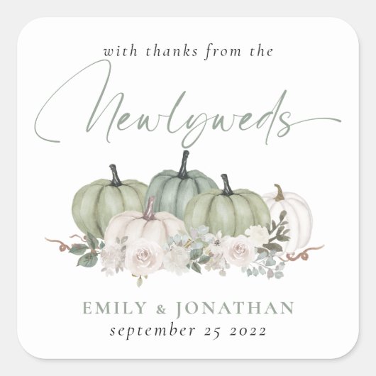 Sage Cream Pumpkins Florals Danke an Newlyweds Quadratischer Aufkleber (Vorderseite)