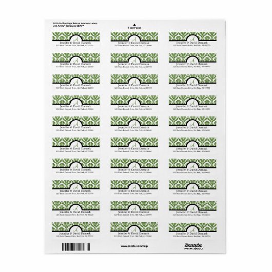 Sage Damask Wedding Monogram Address Labels (Vorne)