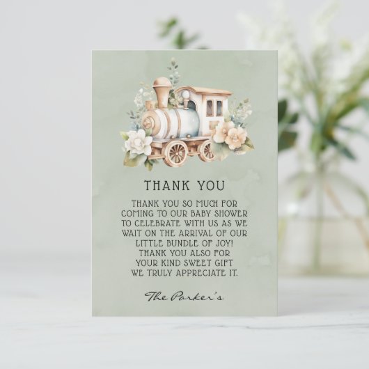 Sage Dusty Blue Train Baby Dusche Danke Karten (Stehend Vorderseite)