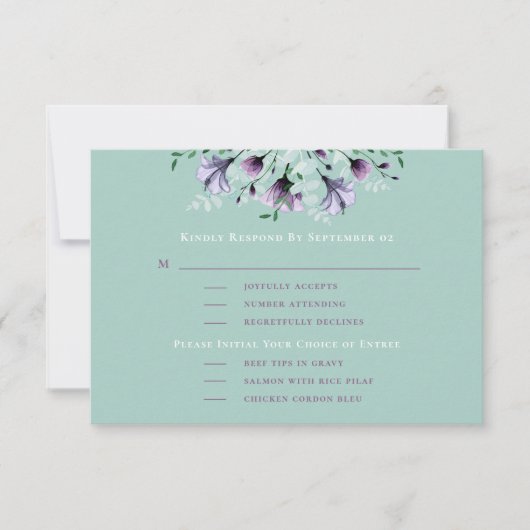 Sage Dusty Lila Romantic Menu Wedding RSVP (Vorderseite)