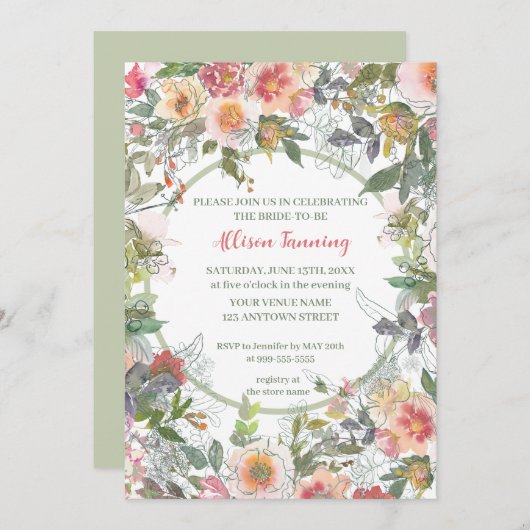 Sage Dusty Pink Roses Wasserfarbe Brautparty Einladung (Vorne/Hinten)