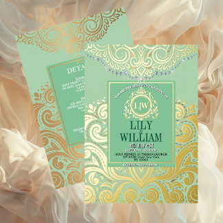 Sage Elegant Artdeco Mongram Wedding Gold Folieneinladung