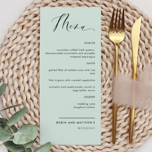 Sage Elegante Calligrafy Wedding / Empfang Menu Menükarte