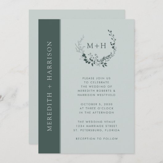 Sage Emerald Monogram Wreath Wedding Einladung (Vorne/Hinten)