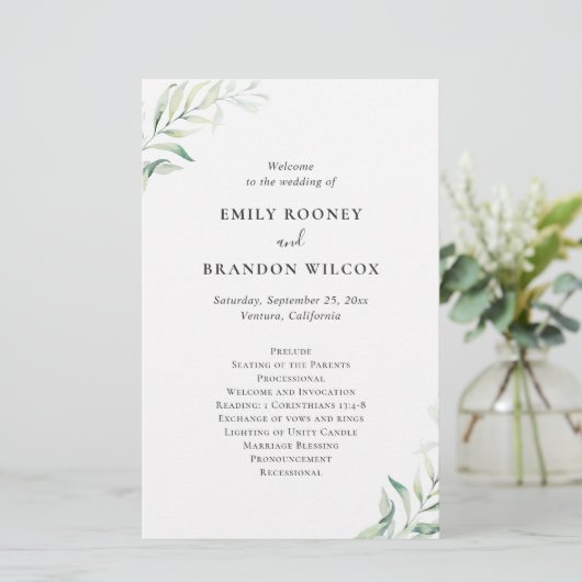 Sage Eucalyptus Elegant Wedding Program (Stehend Vorderseite)