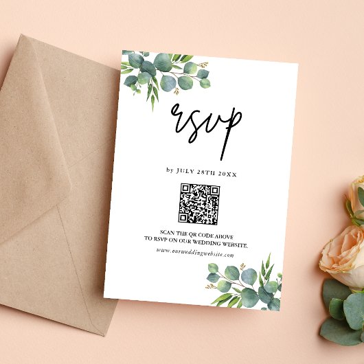 Sage Eucalyptus Woodland Wedding QR Code RSVP Karte
