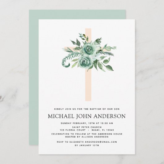 Sage Eukalyptus Baptism Grüne Kreuz Einladung (Vorne/Hinten)