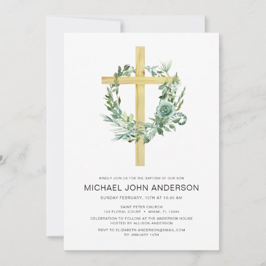 Sage Eukalyptus Taufen Grüne Goldene Kreuz Einladung (Vorderseite)