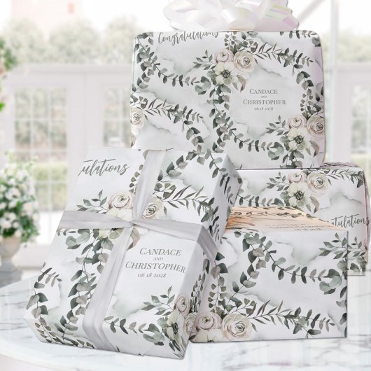 Sage Eukalyptus Wedding Add Names & Congratulation Geschenkpapier