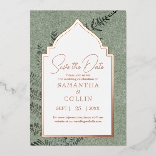 Sage Evergreen Fern Botanisch Save the Date Folieneinladung (Vorderseite)