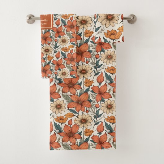 Sage Fall Florals Olive Terracotta Custom Towels Badhandtuch Set (Insitu)